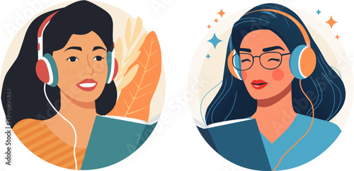 Woman listening to an audiobook with headphones. Flat vector illustration for digital education, podcast, and online learning concept.