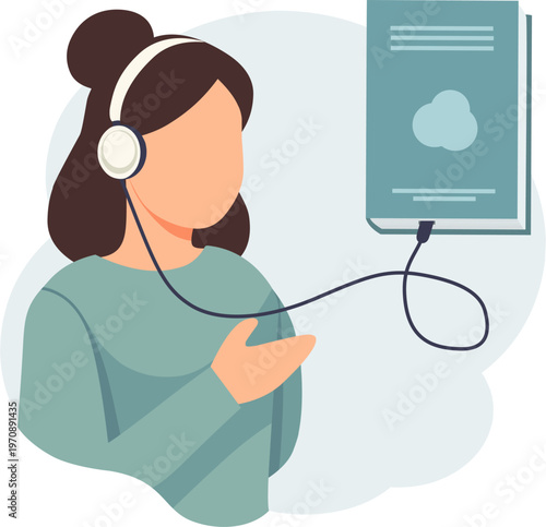 Woman listening to an audiobook with headphones. Flat vector illustration for digital education, podcast, and online learning concept.