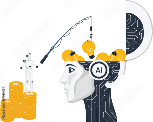 Artificial intelligence robot fishing creative ideas from digital brain for financial gain and future profit using automation strategy and technology innovation