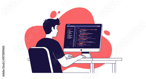 Software Developer Working on Code at Desktop Computer Vector Illustration