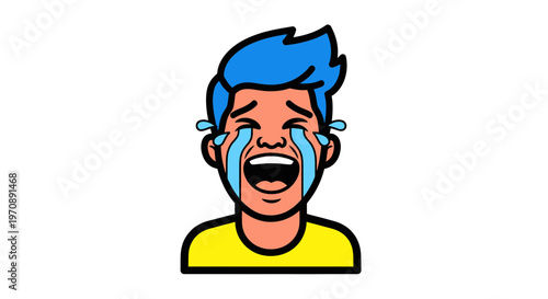 Emotional Vector Illustration of a Sad Man with Blue Hair Crying Heavily with Large Tears
