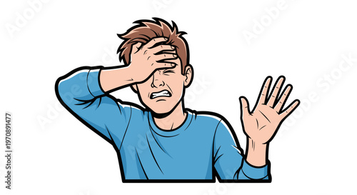 Frustrated Young Man Performing Facepalm Gesture with Stressed Facial Expression, Comic Style Vector Illustration