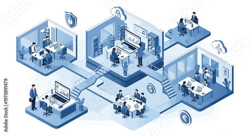 Business workflow, office spaces, teamwork, communication, company departments