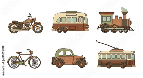 Collection of vintage transportation vehicles in a flat, retro illustration style