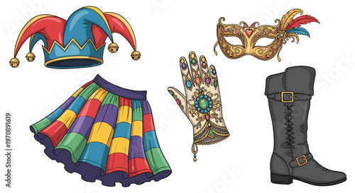 Collection of colorful costume elements for a festive masquerade or carnival event
