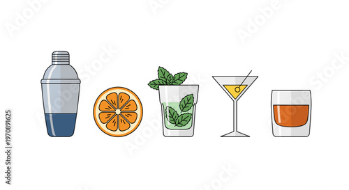Collection of cocktail ingredients and drinks, flat design style