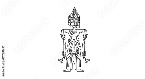Traditional Indonesian Wayang Kulit Puppet, Outline Illustration