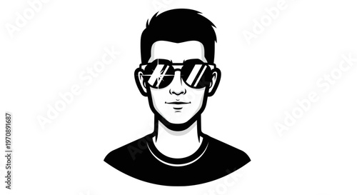 Cool Young Man Wearing Sunglasses Vector Illustration, Minimalist Black and White Male Avatar Icon
