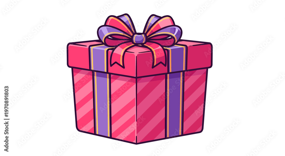 Obraz premium Festive Pink Gift Box Vector Illustration with Purple Ribbons and Stripes, Cartoon Style Graphic for Holiday Celebrations, Birthdays, and Special Occasions