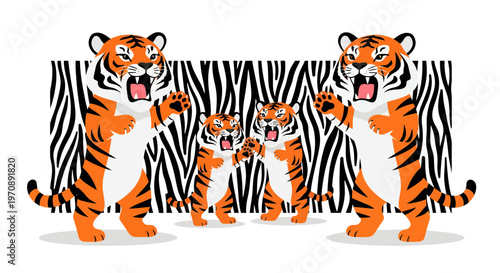 Fierce Roaring Tiger Family Vector Illustration with Cubs and Striped Background, Dynamic Wildlife Graphic for Nature and Strength Concepts