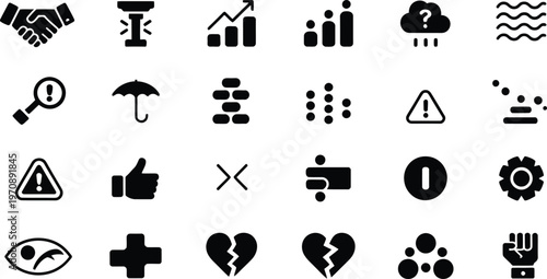 A collection of black and white icons on a white background