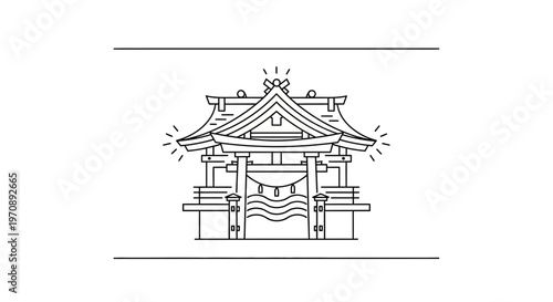 Minimalist Line Art of a Traditional Japanese Shrine Gate and Building