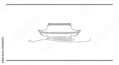 Minimalist Line Art of Traditional Asian Pavilion on Water