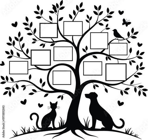 A symbolic digital graphic design of a silhouette pet family tree, featuring dog and cat companions, with frames for cherished memories, representing enduring love, connection, and lasting heritage