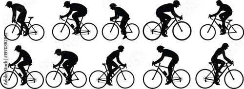 Dynamic black and white illustration of various cyclist silhouettes, capturing athletic movement and the essence of bicycle riding as a sport