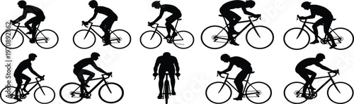 A Clean Digital Illustration Featuring Ten Silhouettes of Cyclists in Various Poses on Bicycles