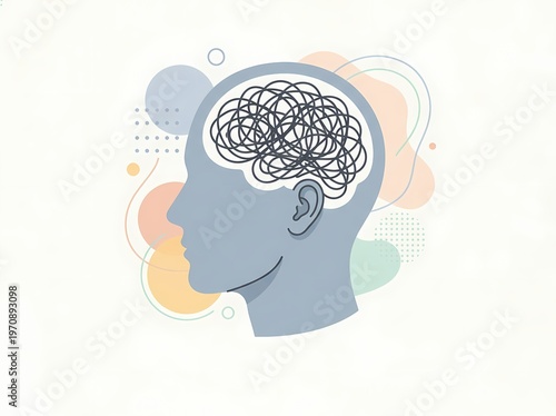 Conceptual vector illustration of a human head with a jumbled mind, symbolizing stress, anxiety, and mental health challenges