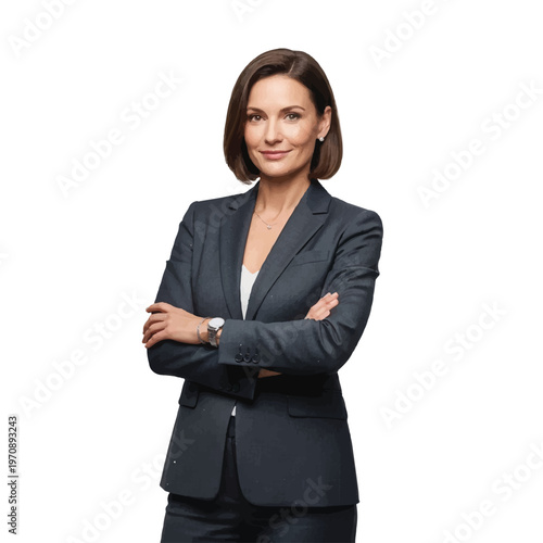 Professional woman in a navy blazer posing with arms crossed.