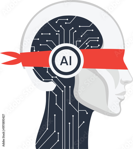 Artificial intelligence robotic head profile view with internal circuit board pattern and red blindfold symbolizing deep learning technology concept and neural network data processing