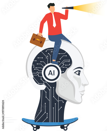 Businessman sitting robot head artificial intelligence future vision business strategy digital transformation machine learning circuit board holding telescope strategic planning