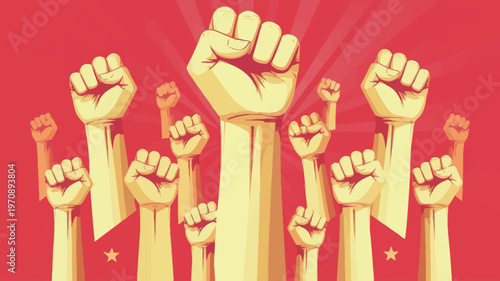 Many fists are raised up in protest on a red background with stars
