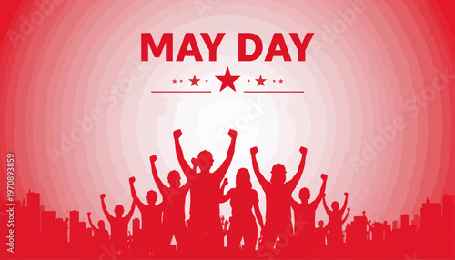 People celebrate May Day with raised hands in a city