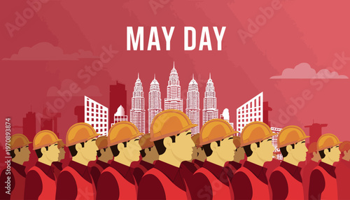 Workers celebrate May Day in a city with skyscrapers and industrial areas