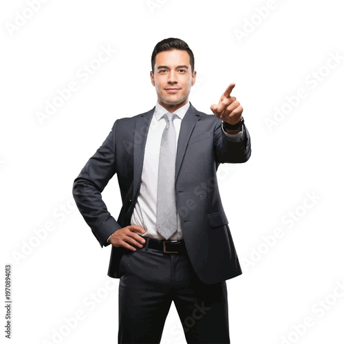 Confident businessman in a suit points forward, signaling leadership and direction.