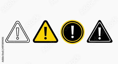 Set of warning and exclamation mark icons, flat vector alert symbols isolated on white background