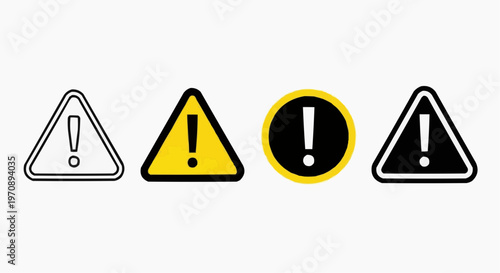 Set of warning and exclamation mark icons, flat vector alert symbols isolated on white background
