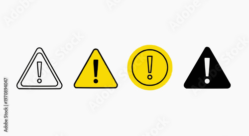 Set of warning and exclamation mark icons, flat vector alert symbols isolated on white background