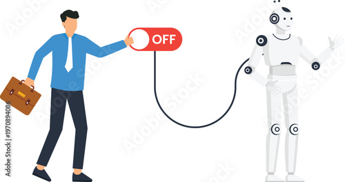 Businessman control robot deactivation switch automation concept artificial intelligence future work human control machine learning digital transformation modern business flat design