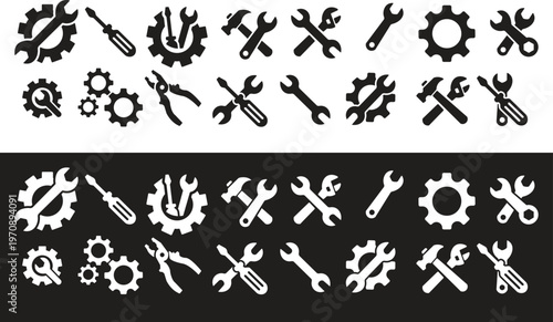 Black and white collection of mechanical tools and gears