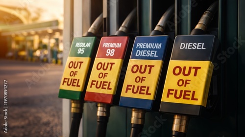 Energy crisis and supply collapse. Multiple fuel pumps out of fuel at station. Empty petrol and diesel nozzles close up. Fuel shortage across all types concept. Transport problems