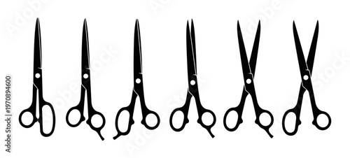 Collection of various professional scissors silhouettes in different opening positions for hair cutting tailoring and crafting design elements