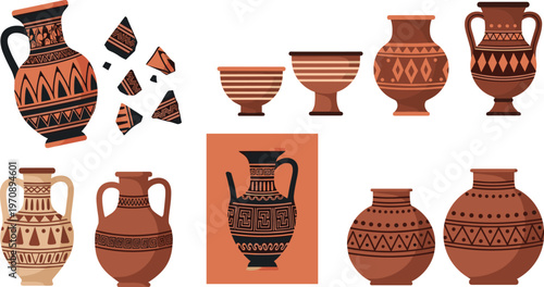 Ancient Ceramic Pottery Collection with Decorative Patterns Greek Style Vases Bowls and Amphora Traditional Clay Art Vector Illustration Set