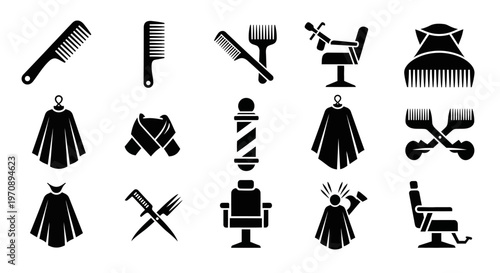 Professional barbershop and hair salon icon set including scissors combs chairs and capes for hair styling service branding vector silhouettes