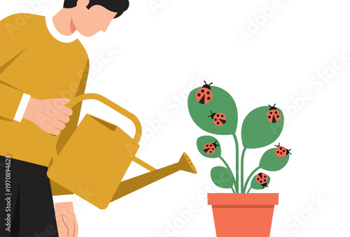 Gardener watering a potted plant with ladybugs on leaves representing pest control and organic gardening care vector illustration