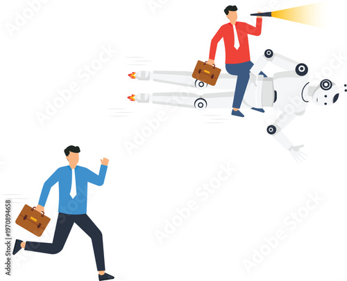 Businessman riding flying robot searching future vision, leaving competitor behind, artificial intelligence speed advantage, digital transformation concept, corporate strategy