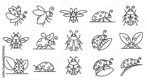 Cute ladybug and bee line art icons set with various poses and flying positions for coloring pages and spring garden design vector illustration