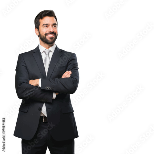 Confident business professional in a dark suit with arms crossed against white background.