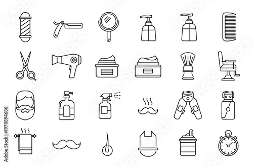 Barbershop line icons collection featuring shaving tools haircut equipment beard grooming and male hair care accessories
