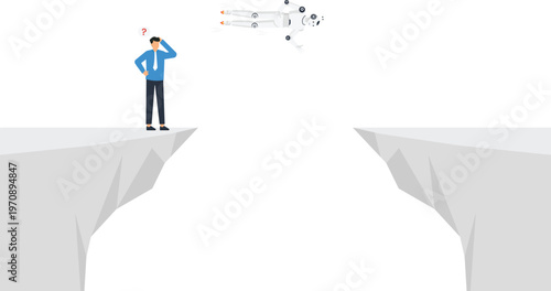 technology gap, artificial intelligence, business challenge, human vs, robot flying, digital transformation, businessman confused, automation concept, bridging the, future technology