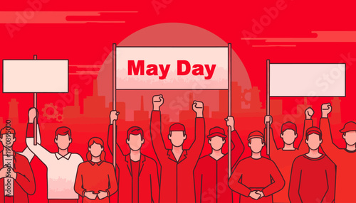 A group of people protesting on May Day with raised fists and signs