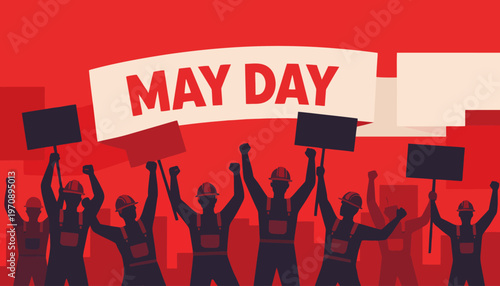 People protest on May Day with signs in a city square outdoors