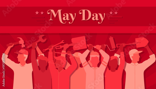 Workers celebrate May Day with tools and fists raised high in solidarity