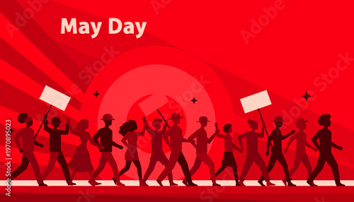 Protesters march on May Day with banners in a demonstration