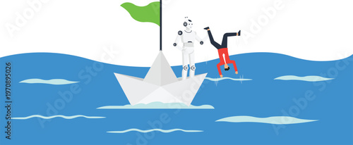 Robot automation success, human failure concept, artificial intelligence dominance, business competition metaphor, paper boat journey, technology takeover challenge, digital transformation future