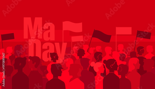 A large crowd of people celebrating May Day with flags waving