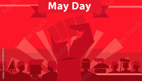 People celebrate May Day with raised fists and banners in a crowd